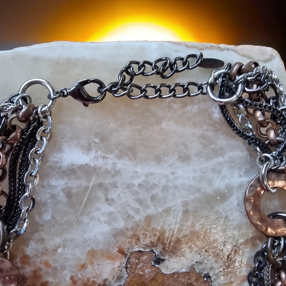 VCLM Multi Chain Tri-Coloured Chunky Hammered Circle Necklace Boho Statement - Picture 3 of 5